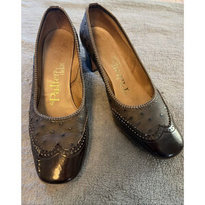 Vtg 60s Palter Debs Ostrich Patent Leather Pumps Heels Brown 7.5 Classy Retro